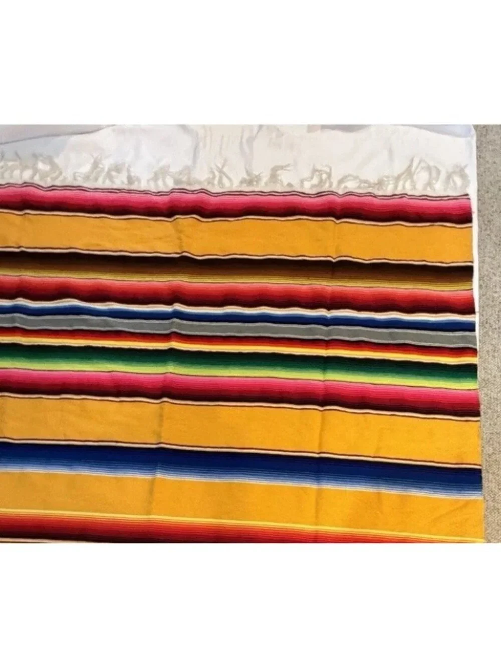 Vintage 80s Yellow Mexican Serape Blanket Colorful Stripes Boho  Fringe 82